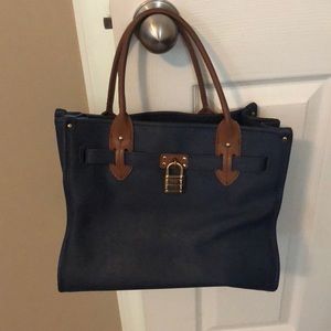 Navy blue and brown handbag